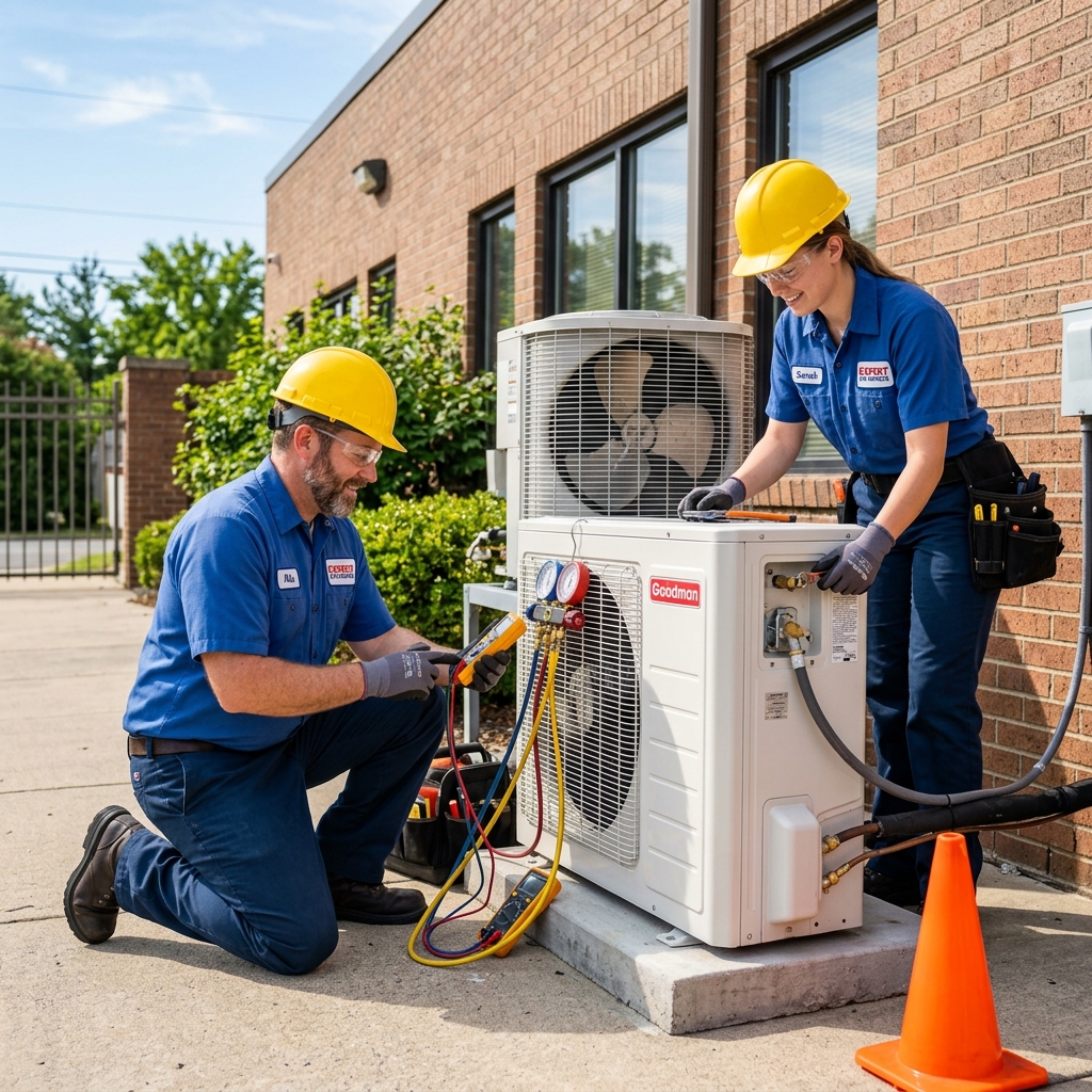 HVAC technicians working on outdoor air conditioner unit