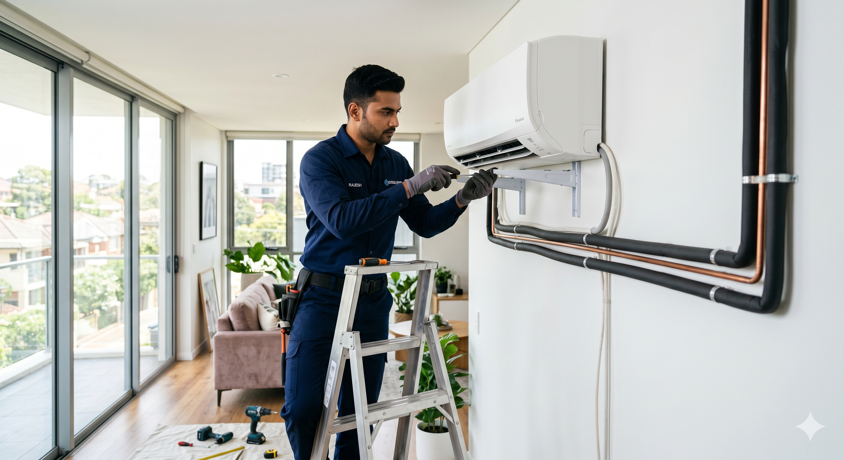 HVAC technician installing a split air conditioner blower unit