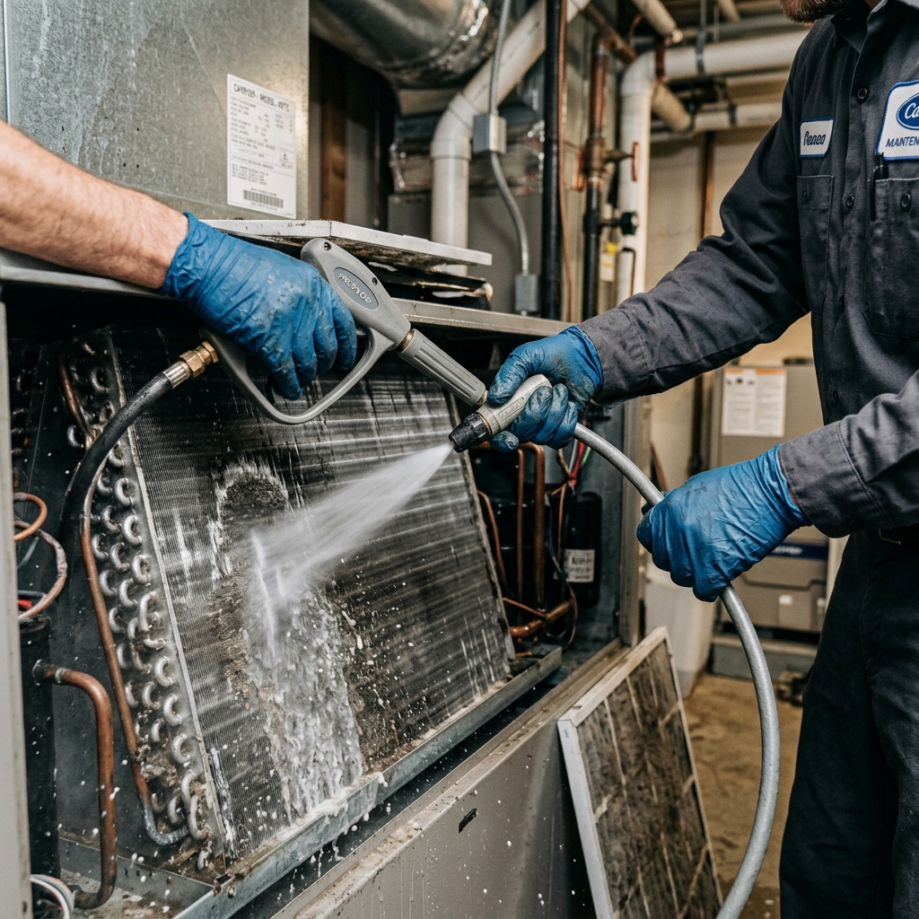 Technician hands washing down internal coils of air conditioning filter