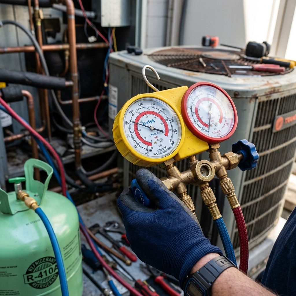 Close up of mechanical pressure gauge measuring air conditioner refrigerant pressure