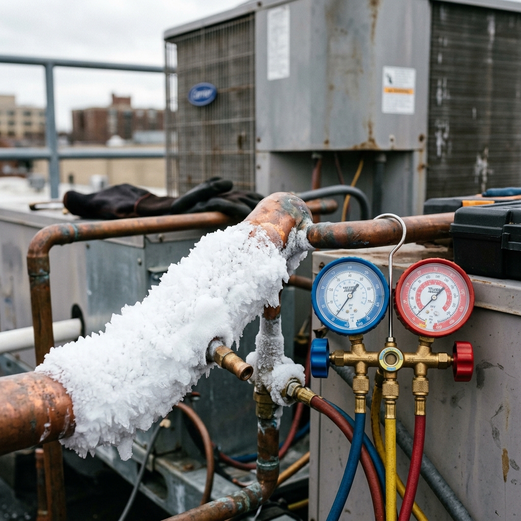 Icy frost build-up on copper AC gas tubes