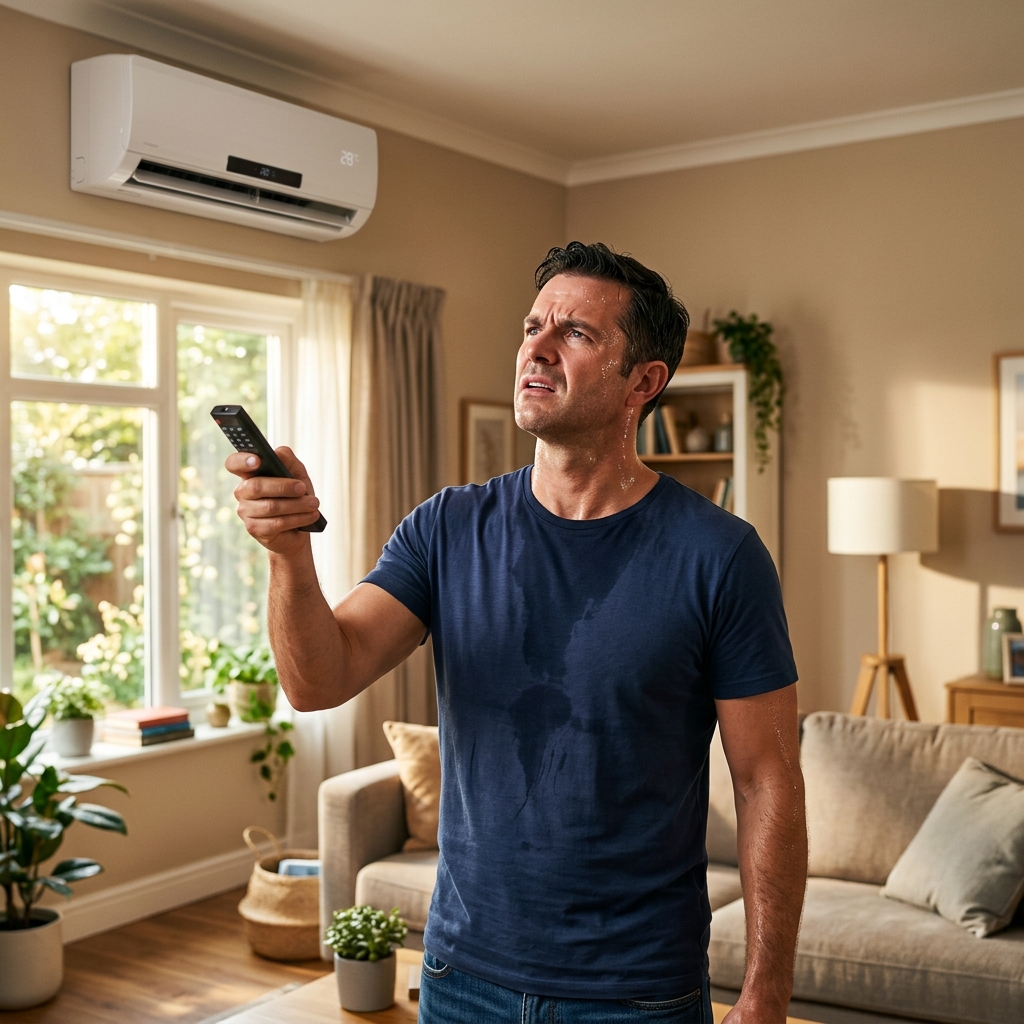 Sweating man in a hot room looking at AC unit